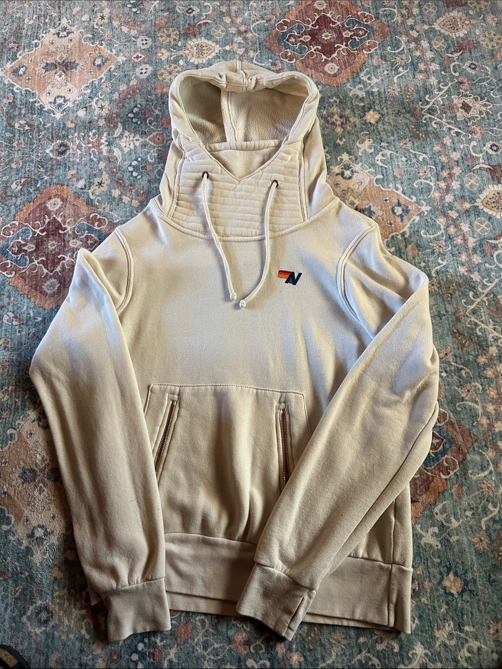 Aviator Nation Cream Hoodie with Small Multicolor Logo